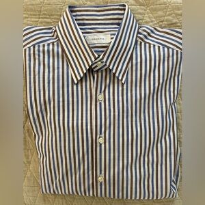 ORDEAN Alternating Blue & Brown Stripe Button Under Collar Shirt Size L $275